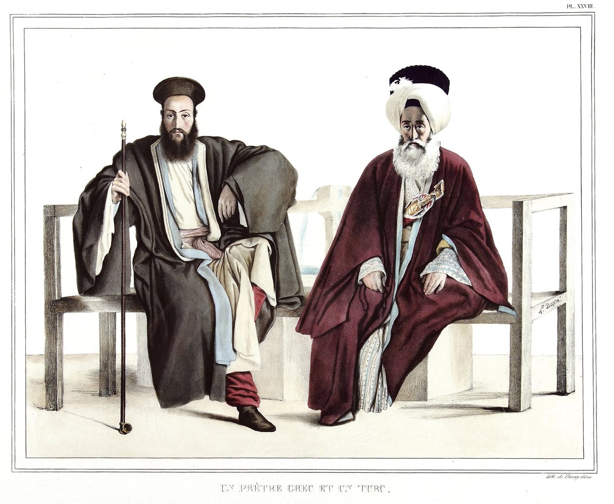 En gresk prest og en tyrker. i "" Reisen til Athen og Konstantinopel, eller samling av greske og osmanske portretter, utsikter og kostymer, malt på steder etter naturen, litografier og farger av Louis Dupre (1789-1837), elev av David.1825. av Louis Dupré