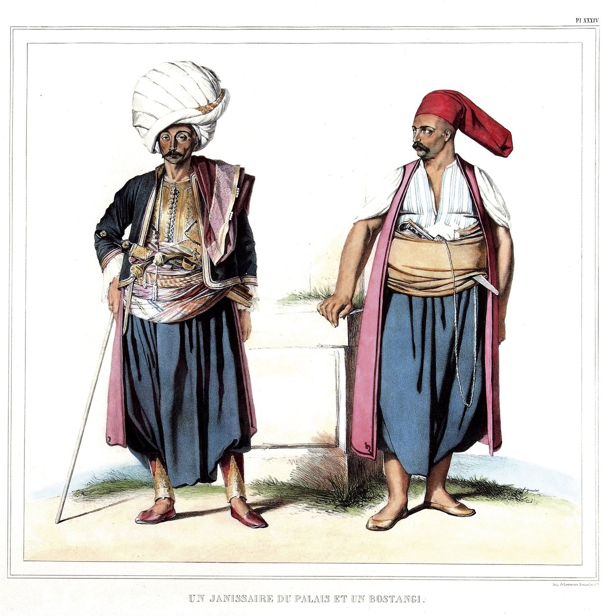 En janitsjar av palasset og en bostangi (gartner av serail). i "" Reisen til Athen og Konstantinopel, eller samling av greske og osmanske portretter, utsikter og kostymer, malt på natursteder, litografier og farger av Louis Dupre (1789-183) av Louis Dupré
