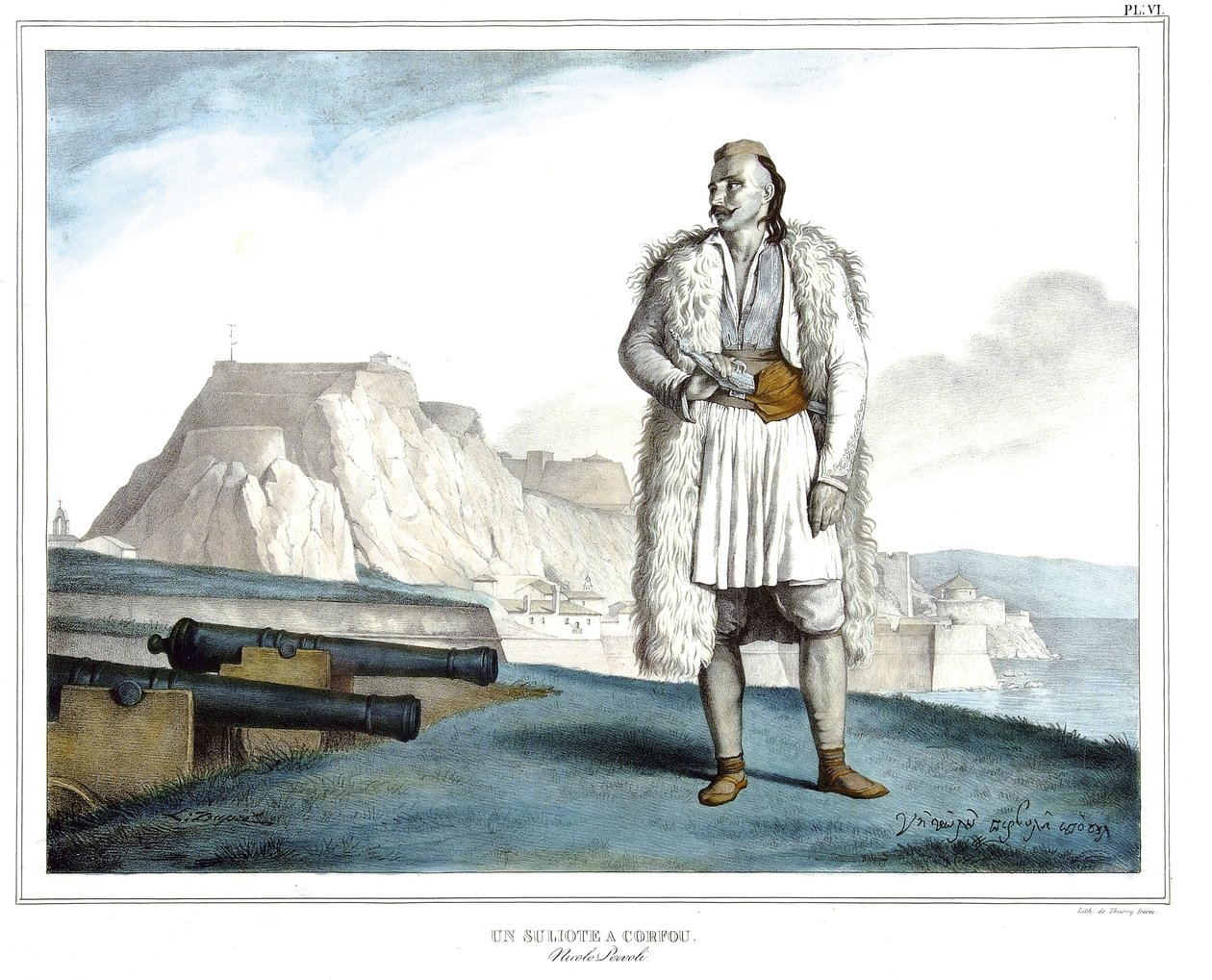 En Suliote på Korfu, Nicolo Pervoli, i "" Reisen til Athen og Konstantinopel, eller samling av greske og osmanske portretter, utsikter og kostymer, malt på steder etter naturen, litografier og farger av Louis Dupre (1789-1837), elev av David .1825. av Louis Dupré