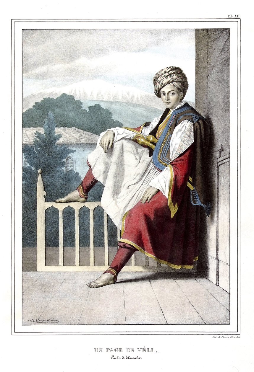 En side av Veli, pasha deThessalie. i "" Reisen til Athen og Konstantinopel, eller samling av greske og ottomanske portretter, utsikter og kostymer, malt på steder i naturen, litografier og farger av Louis Dupre (1789-1837), elev av David.1825. av Louis Dupré