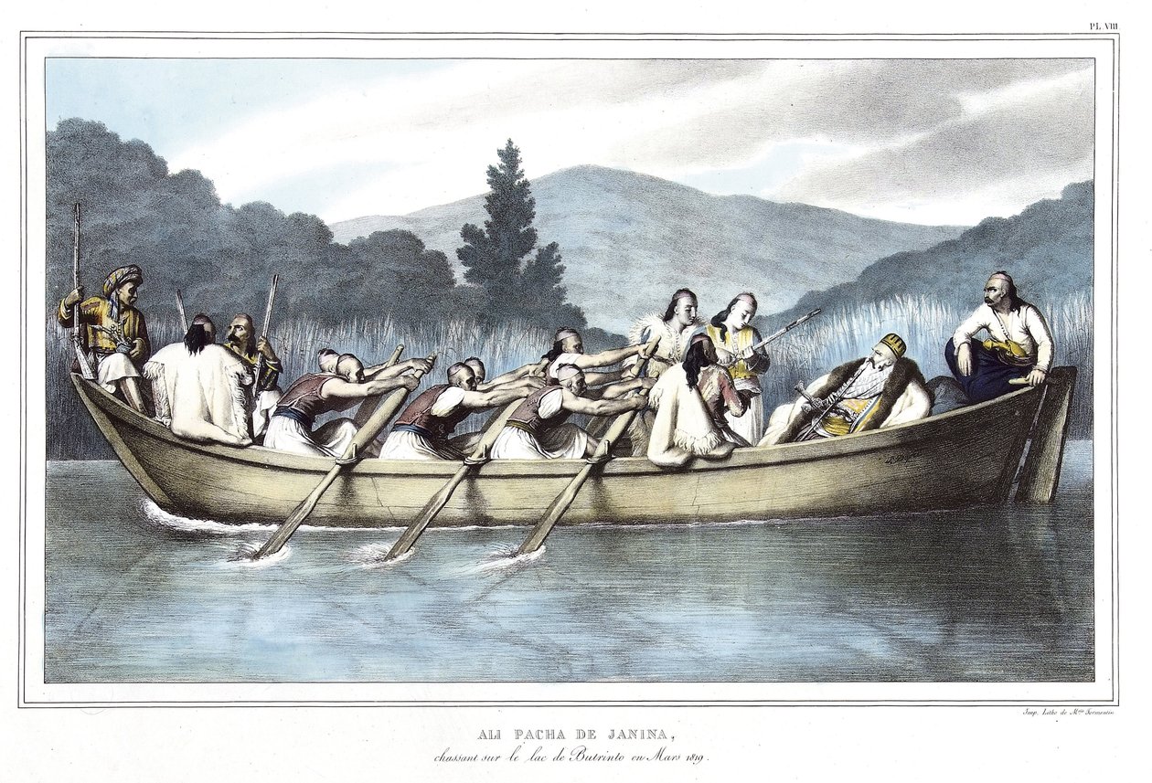 Ali Pasha de Janina (1741-1822), på jakt ved Butrintosjøen i mars 1819. i "" Reisen til Athen og Konstantinopel, eller samling av greske og osmanske portretter, utsikter og kostymer, malt på steder etter naturen, litografier og farger av Louis Dupre av Louis Dupré
