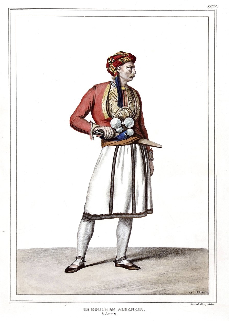 En albansk slakter i Athen. i "" Reisen til Athen og Konstantinopel, eller samling av greske og ottomanske portretter, utsikter og kostymer, malt på steder i naturen, litografier og farger av Louis Dupre (1789-1837), elev av David.1825. av Louis Dupré