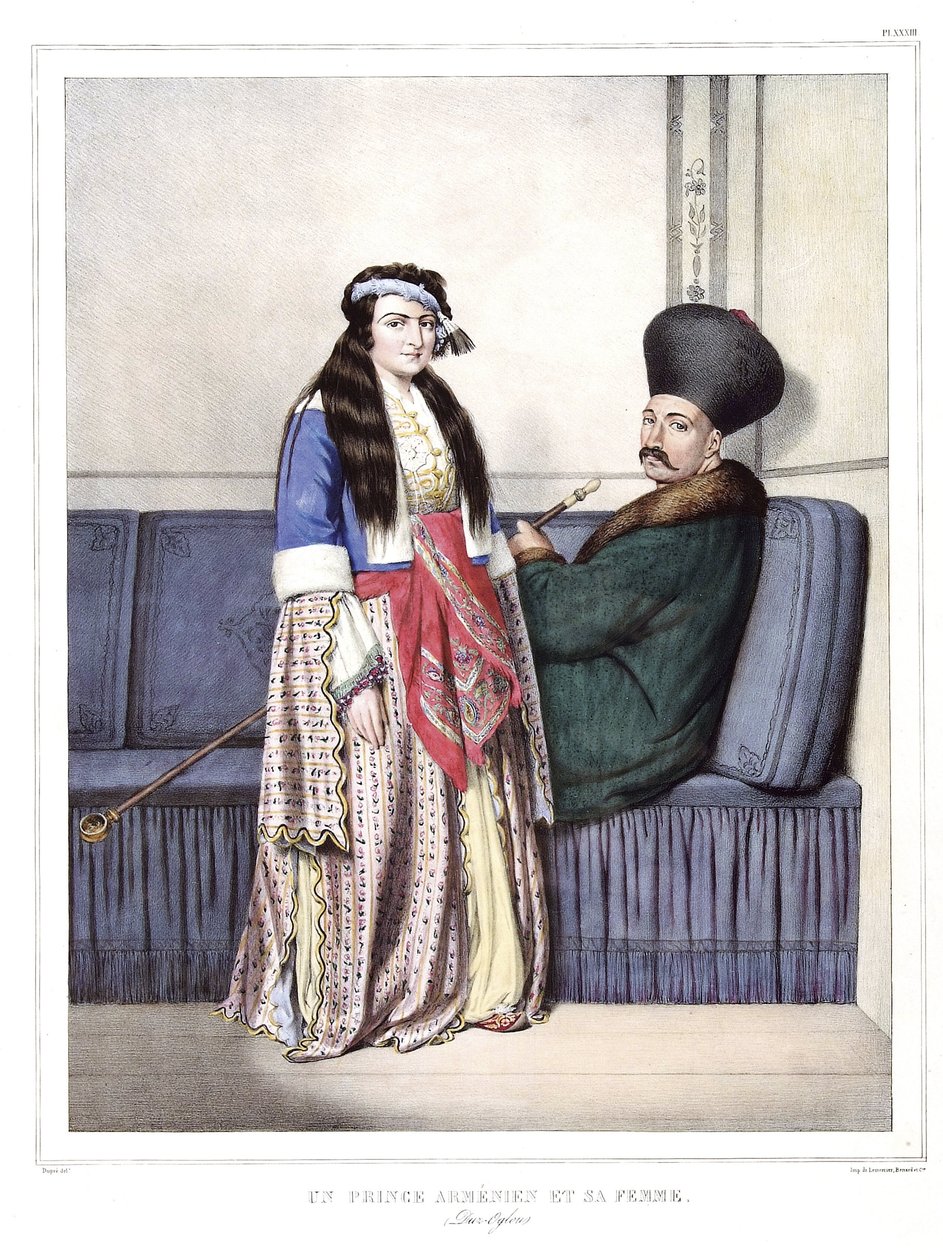 En armensk prins og hans kone, Duzoglous. i "" Reise til Athen og Konstantinopel, eller samling av greske og osmanske portretter, utsikter og kostymer, malt på steder etter naturen, litografier og farger av Louis Dupre (1789-1837), elev av David.1 av Louis Dupré
