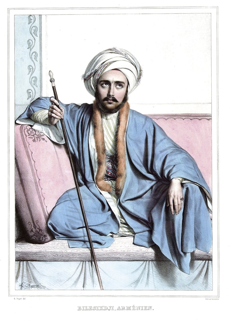 Bilesikdji, armensk. i "" Reisen til Athen og Konstantinopel, eller samling av greske og ottomanske portretter, utsikter og kostymer, malt på steder i naturen, litografier og farger av Louis Dupre (1789-1837), elev av David.1825. av Louis Dupré