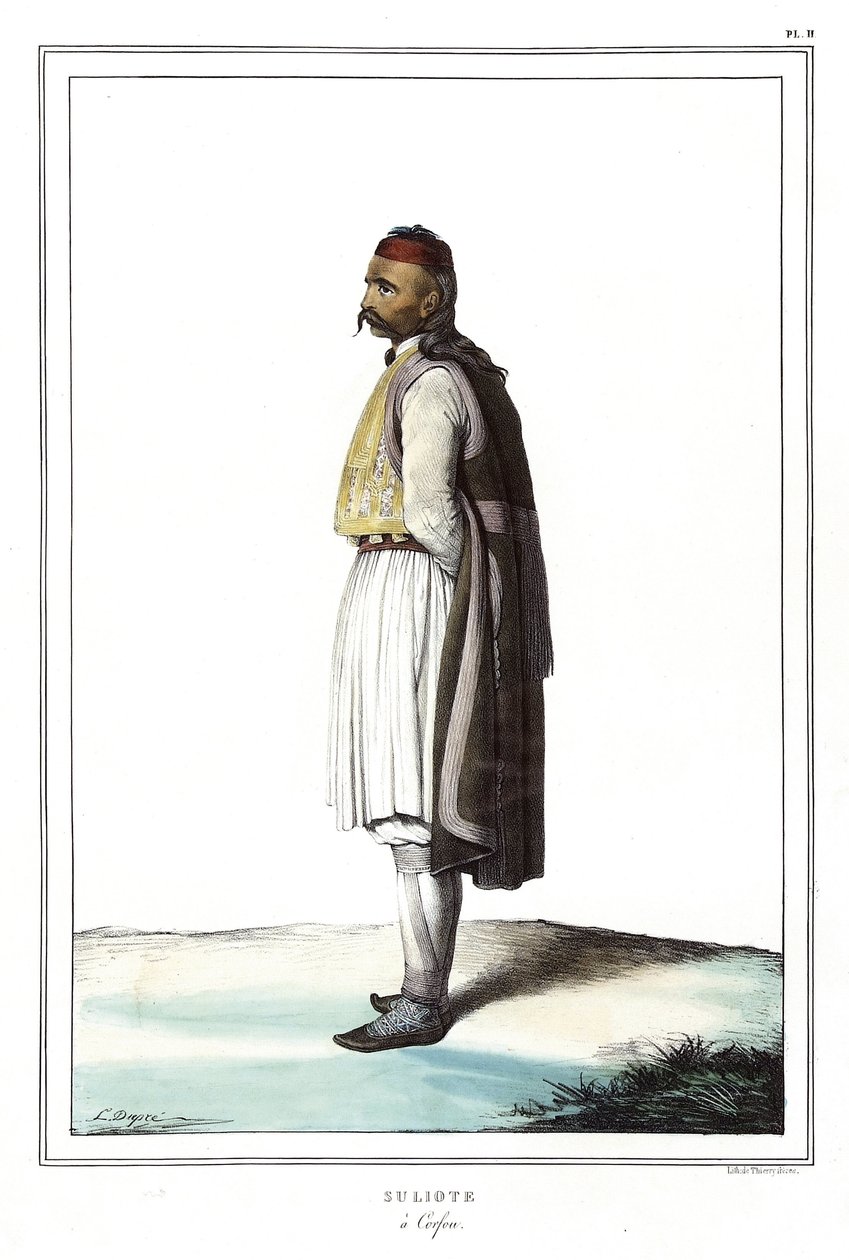 Suliote a Corfu, i "" Reisen til Athen og Konstantinopel, eller samling av greske og osmanske portretter, utsikter og kostymer, malt på steder av etter naturen, litografier og farger av Louis Dupre (1789-1837), elev av David.1825. av Louis Dupré