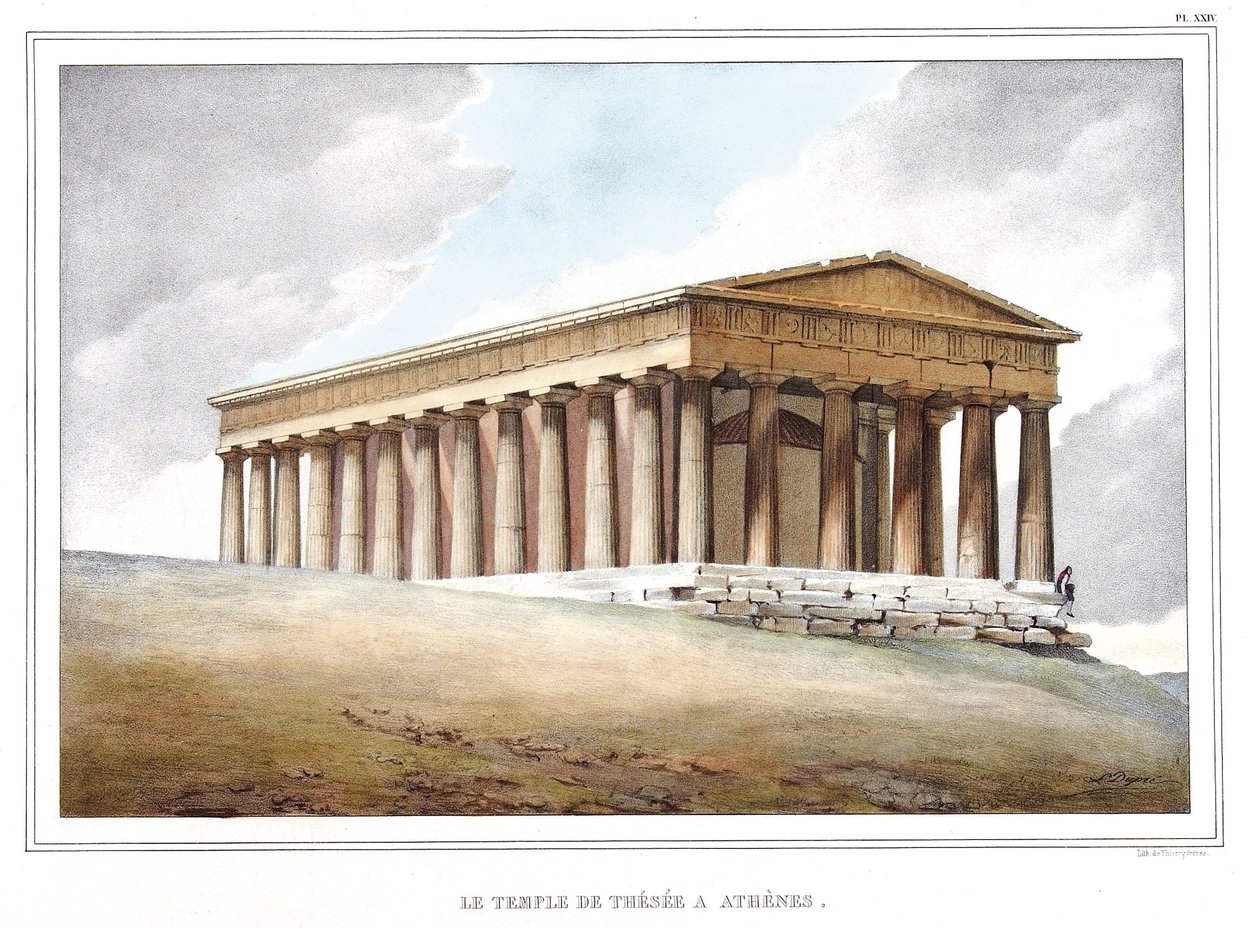 Templet til Thesee a Athenes. i "" Reisen til Athen og Konstantinopel, eller samling av greske og ottomanske portretter, utsikter og kostymer, malt på steder i naturen, litografier og farger av Louis Dupre (1789-1837), elev av David.1825. av Louis Dupré