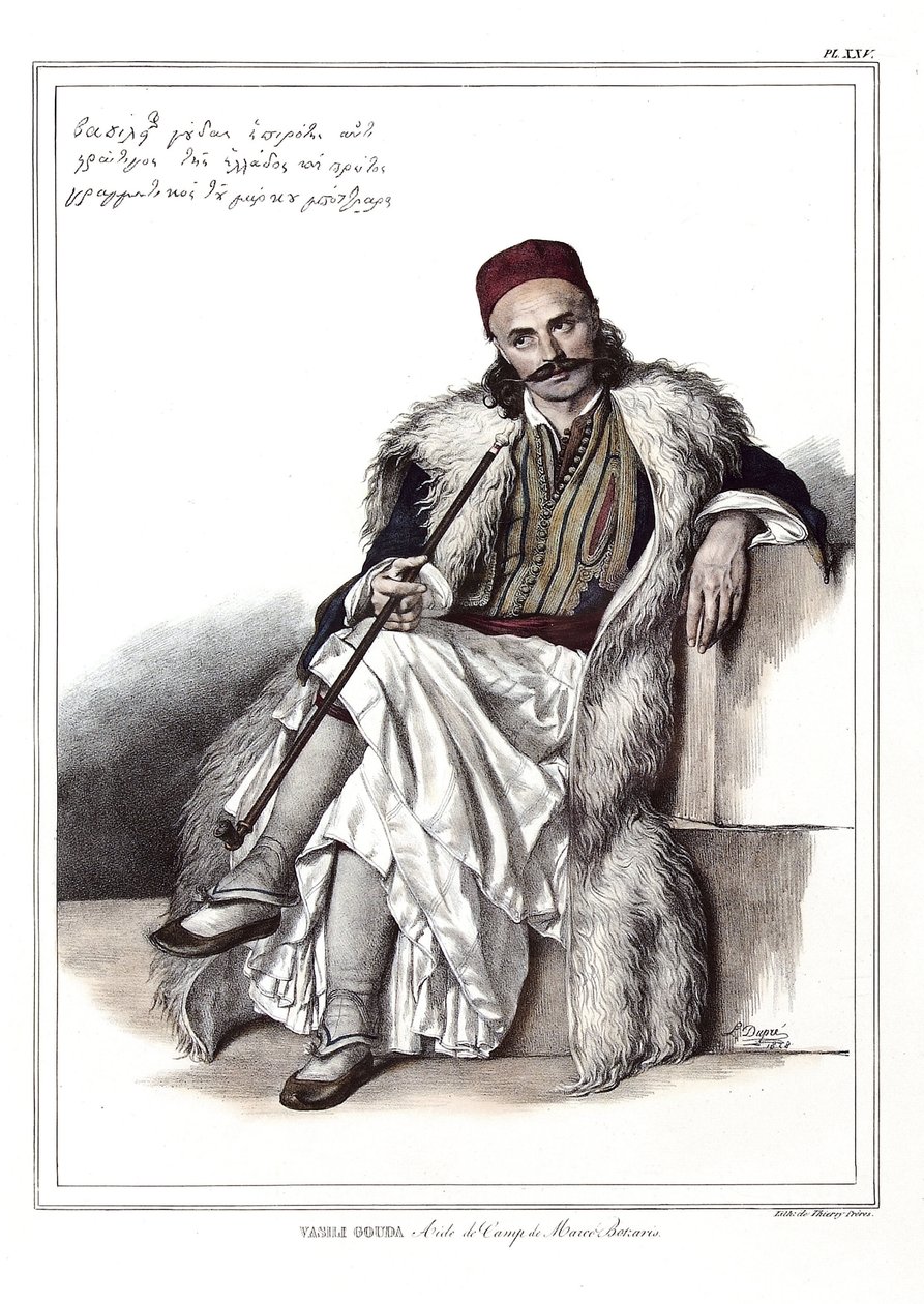 Vasili Gouda, medhjelper til Marc Botzaris (1788-1823). i "" Reise til Athen og Konstantinopel, eller samling av greske og osmanske portretter, utsikter og kostymer, malt på steder av etter naturen, litografier og farger av Louis Dupre (1789-1837), av Louis Dupré