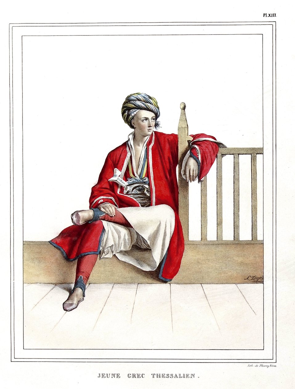 Ung gresk tessalier. i "" Reisen til Athen og Konstantinopel, eller samling av greske og osmanske portretter, utsikter og kostymer, malt på steder etter naturen, litografier og fargetoner av Louis Dupre (1789-1837), elev av David.1825. av Louis Dupré