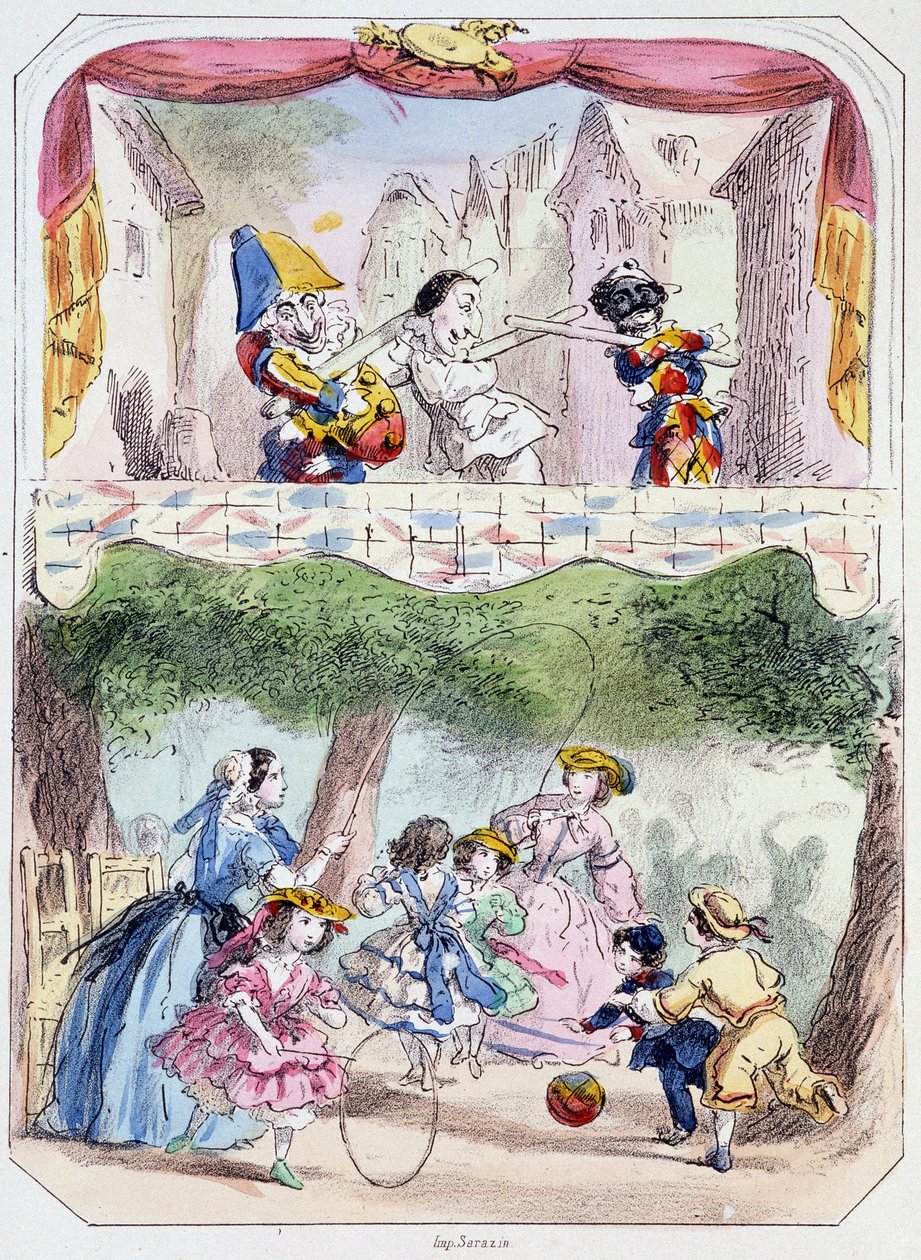 Punchinello-lærer - Litografi, fra Theatre des marionnettes du jardin des Tuileries, tekst og tegning av Louis Edmond Duranty (1833-1880), Paris av Louis Edmond Duranty
