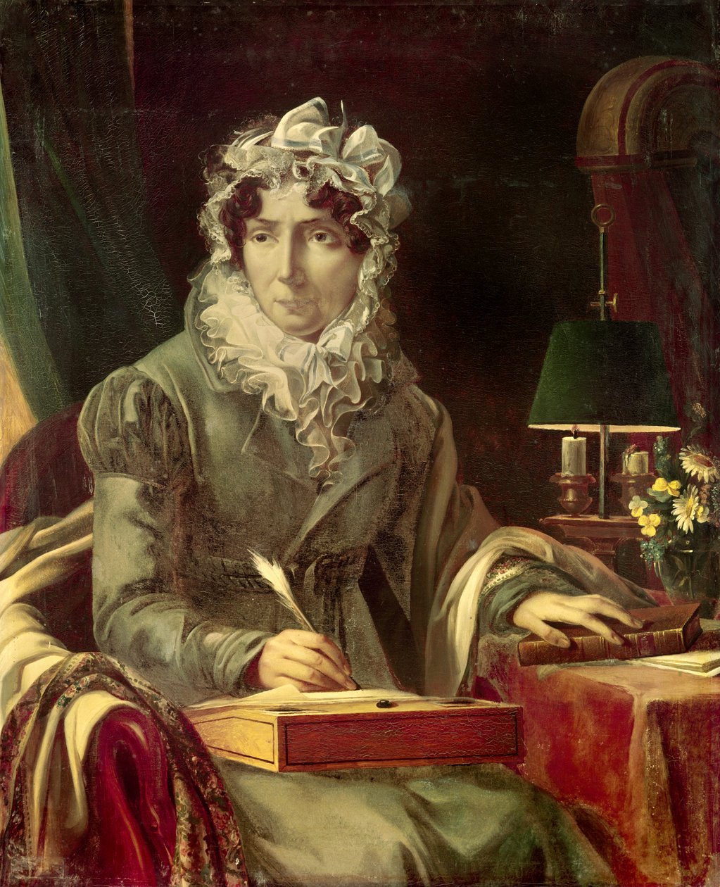 Madame de Genlis - "" Portrett av Stephanie Felicite Ducrest (fra Crest of Saint Aubin), grevinne av Genlis (1746-1830) Maitress of Philippe Egalite (Louis Philippe II Joseph Duke of Orleans) av Louis Edouard Rioult