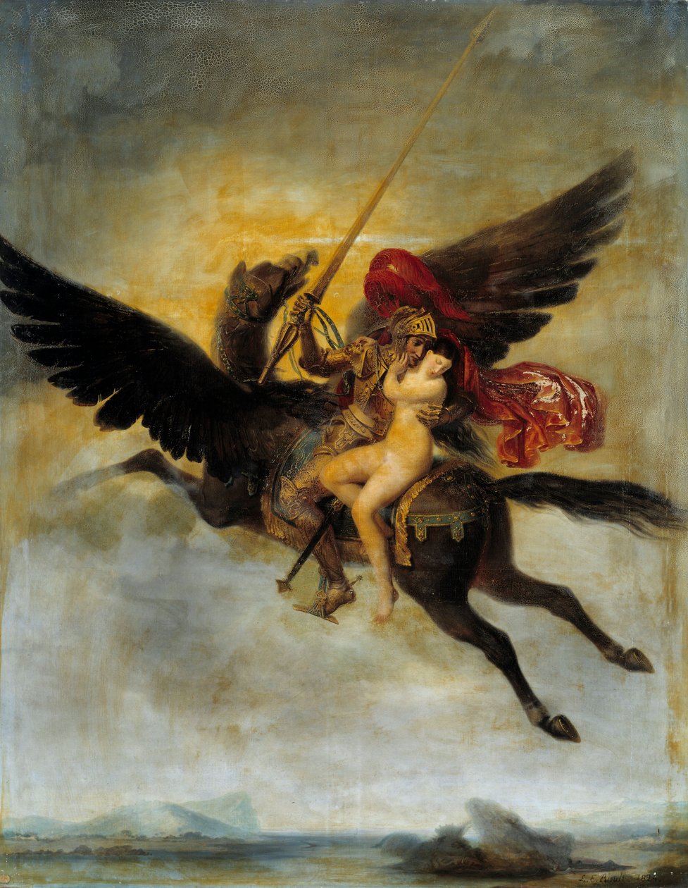 Roger Delivering Angelique Angelique Delivered to a Monster av Pirates er utgitt av Roger Rides on a Hippoclaw. Illustrasjon for "" The Furious Roland"" av Ludovic Ariosto (Ariosto). Maleri av Louis Edward Rioult (1790-1855) 1824 Søn. 2 av Louis Edouard Rioult