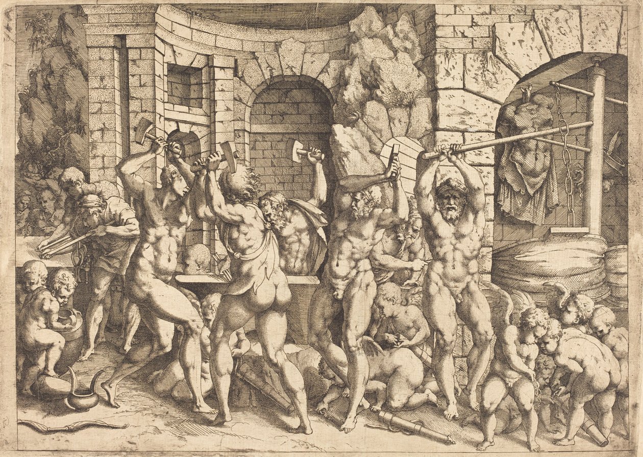 Forge of Vulcan av Louis Elle I after Francesco Primaticcio