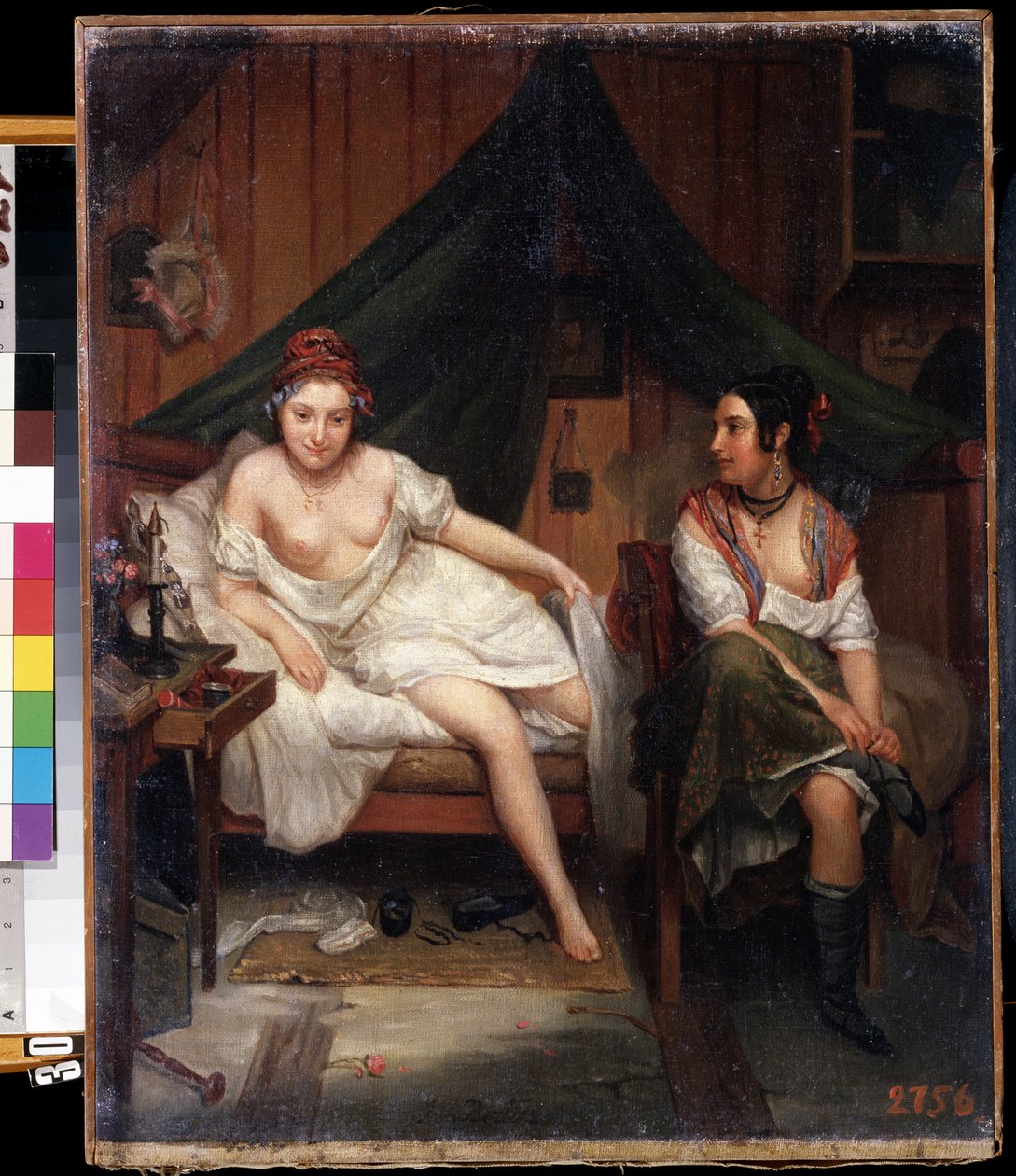 ""Portrett av to unge kvinner i negligé, som våkner opp etter en natt med kjærlighet (?)"" (to jenter) Maleri av Louis Eugene Bertier (1809-?) Mikhail Kroshitsky kunstmuseum fra 1800-tallet, Sevastopol (Sevastopol) Ukraina av Louis Eugene ) Bertier