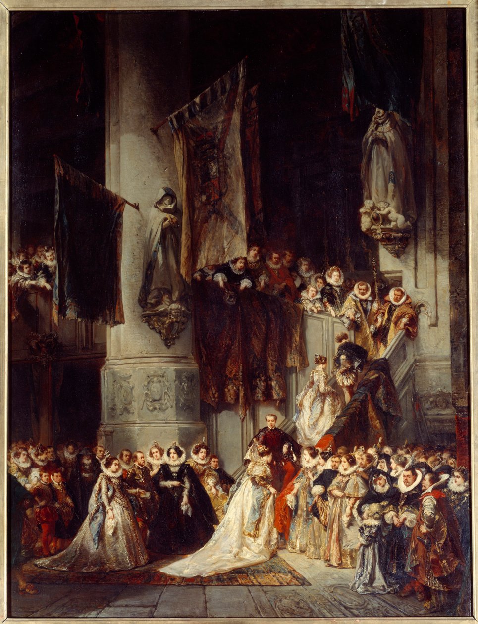 En seremoni i kirken i Delft. Maleri som viser et bryllup i Holland på 1500-tallet. Maleri av Louis Gabriel Eugene Isabey (1803-1886) av Louis Eugene Gabriel Isabey