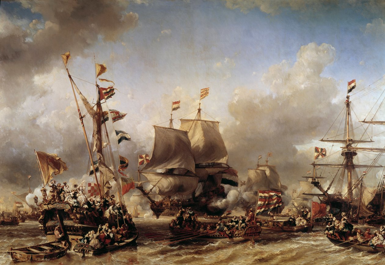 Anglo-nederlandsk krig: "" Embarkment of Dutch Admiral Michel Adrien Ruyter (1607-1676) and William de Witt for the Battle of Texel"" Maleri av Louis Gabriel Eugene Isabey (1803-1886) Toulon fra 1800-tallet, marinemuseum av Louis Eugene Gabriel Isabey