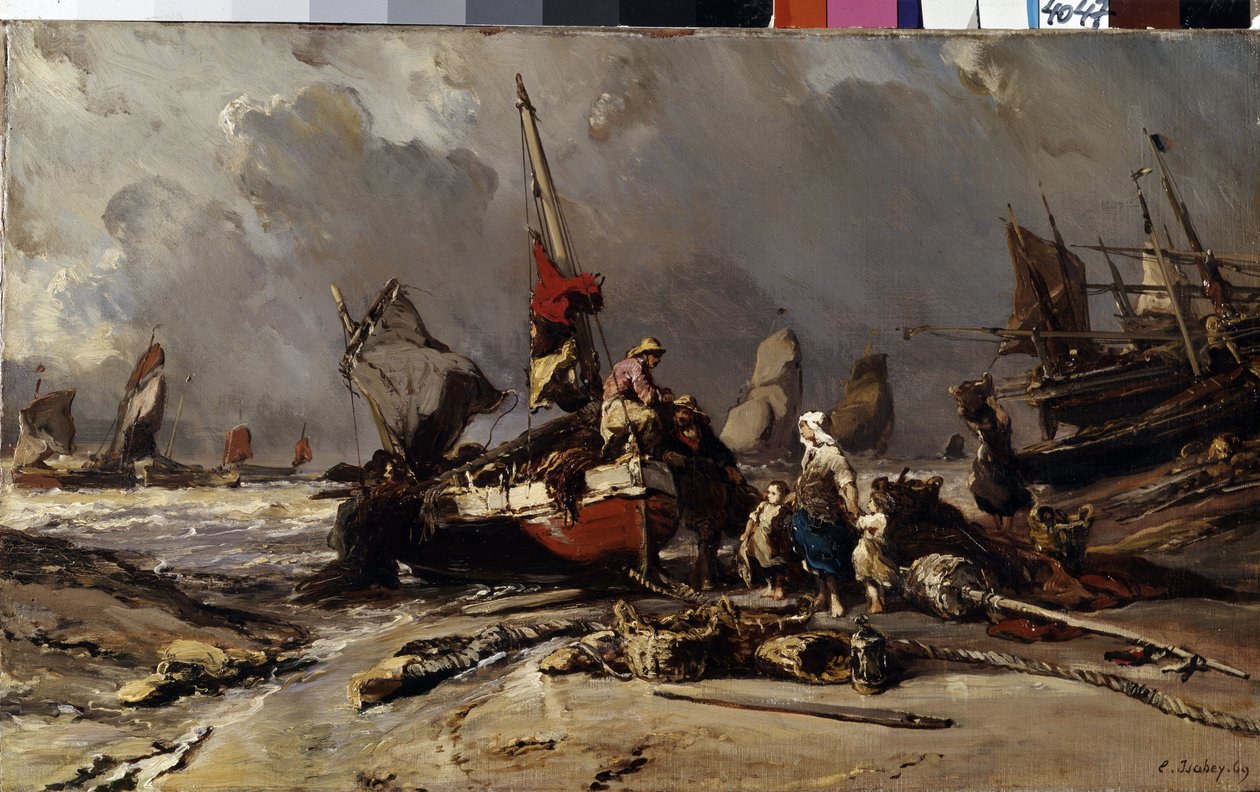 ""Etter stormen"" (Etter stormen) En fisker finner familien sin etter stormen. Maleri av Louis Gabriel Eugene Isabey (1803-1886) 1869 Mål 36,5x60 cm Eremitagemuseet, St. Petersburg av Louis Eugene Gabriel Isabey