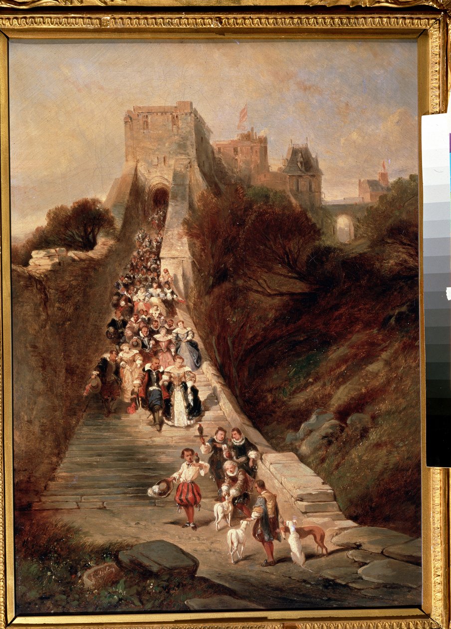 ""Leaving the castle"" (Leaving the castle) En gruppe herrer og damer fra 1600-tallet som går ned den store inngangstrappen til et slott. Maleri av Louis Gabriel Eugene Isabey (1803-1886) Pushkin-museet fra 1800-tallet, Moskva av Louis Eugene Gabriel Isabey