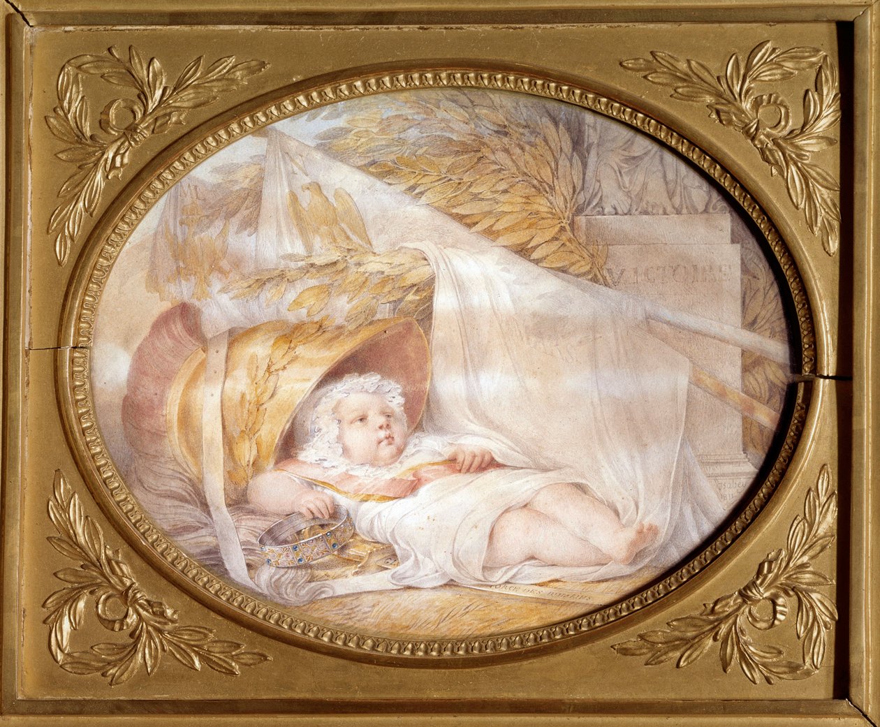 Portrett av kongen av Roma bebe (1811-1832) i hjelmen til Mars Napoleon II, hertugen av Reichstadt, sønn av keiser Napoleon I (1769-1821) nyfødt. Svart stein og beige lavapapir av Eugene Isabey (1803-1886) mars 1811 Søn. 0,21x0,26 m Malmaison, museum d av Louis Eugene Gabriel Isabey