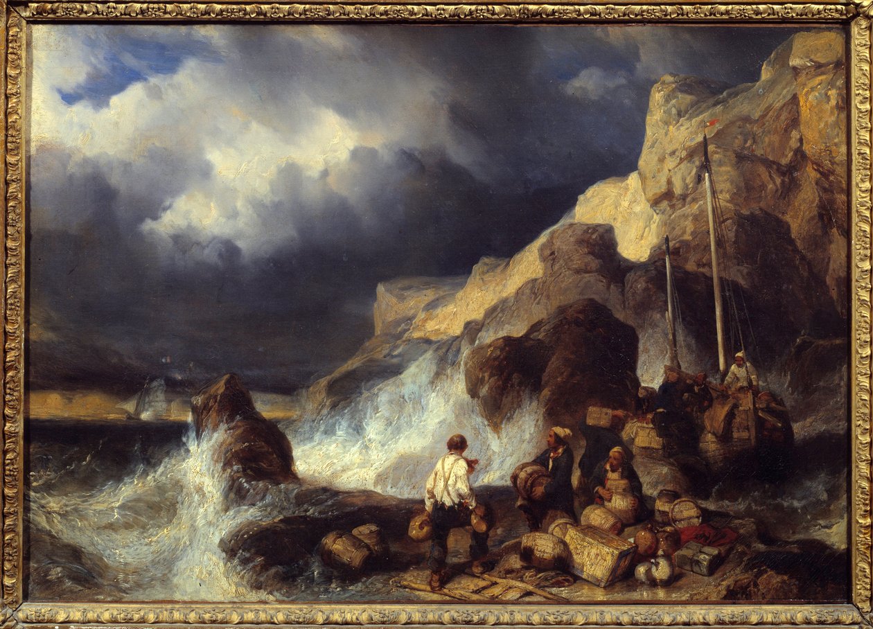 Smuglere som frakter varer. Maleri av Louis Gabriel Eugene Isabey (1803-1886) av Louis Eugene Gabriel Isabey