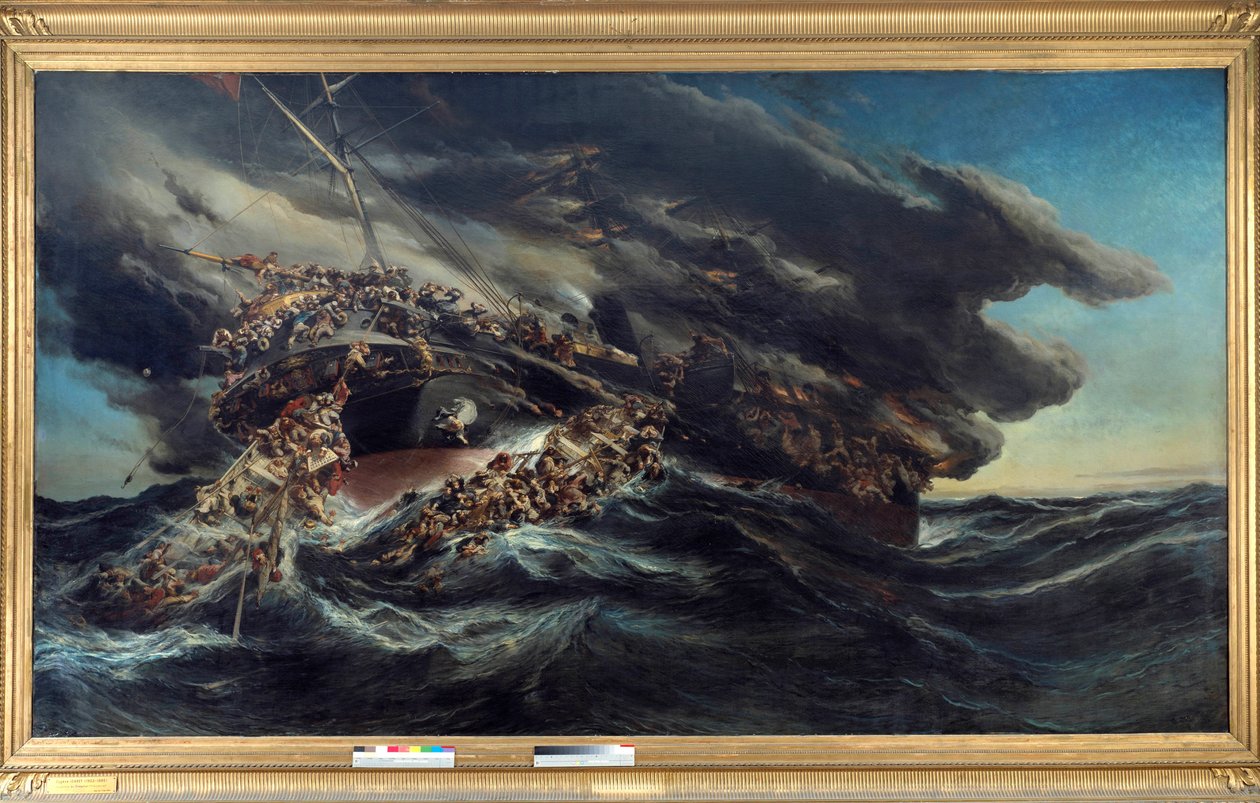Brannen av dampbåten Østerrike Scene forliset av et skip passasjerene prøver å unnslippe på båtene i det demonterte havet. Maleri av Eugene Isabey (1803-1886) av Louis Eugene Gabriel Isabey