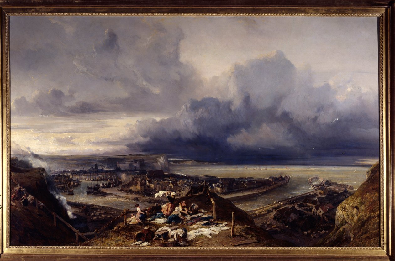 Utsikt over havnen i Dieppe i Normandie Lavandieres som vasker tøyet på bryggene. Maleri av Louis Gabriel Eugene Isabey (1803-1886) 1842 Søn. 1,64x2,51 m Nancy, musee des Beaux Arts av Louis Eugene Gabriel Isabey