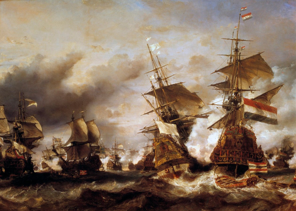 Krig mot League of Augsburg: "" Slaget ved Texel den 29.06.1694, seier til Jean Bart (1650-1702) over den nederlandske skvadronen til Admiral of Friesland"" Franskmennene beslaglegger nederlandske skip med hvetelaster. Maleri av Louis Gabriel Eugene Isabey av Louis Eugene Gabriel Isabey