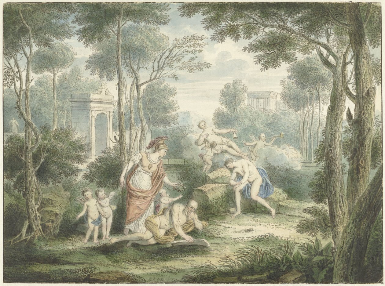 Arkadisk landskap med Athena som kroner en gammel mann og Venus og Adonis av Louis Fabritius Dubourg