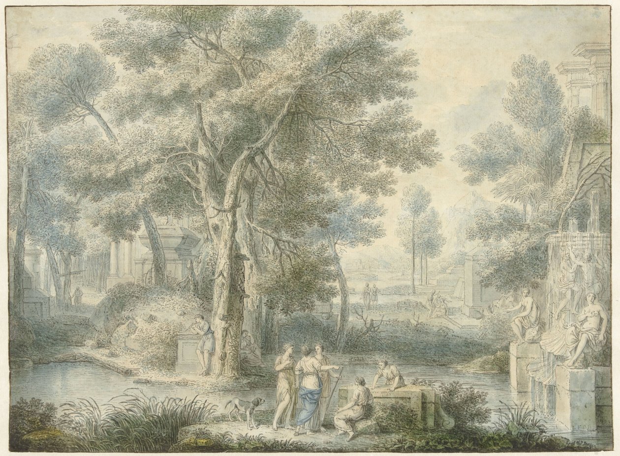 Arkadisk landskap, med en fontene til høyre av Louis Fabritius Dubourg