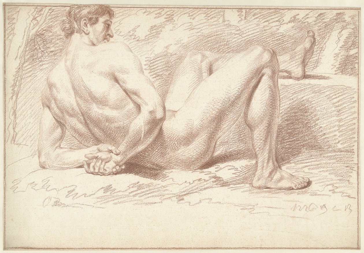 Mann naken, liggende, armer bak ryggen av Louis Fabritius Dubourg