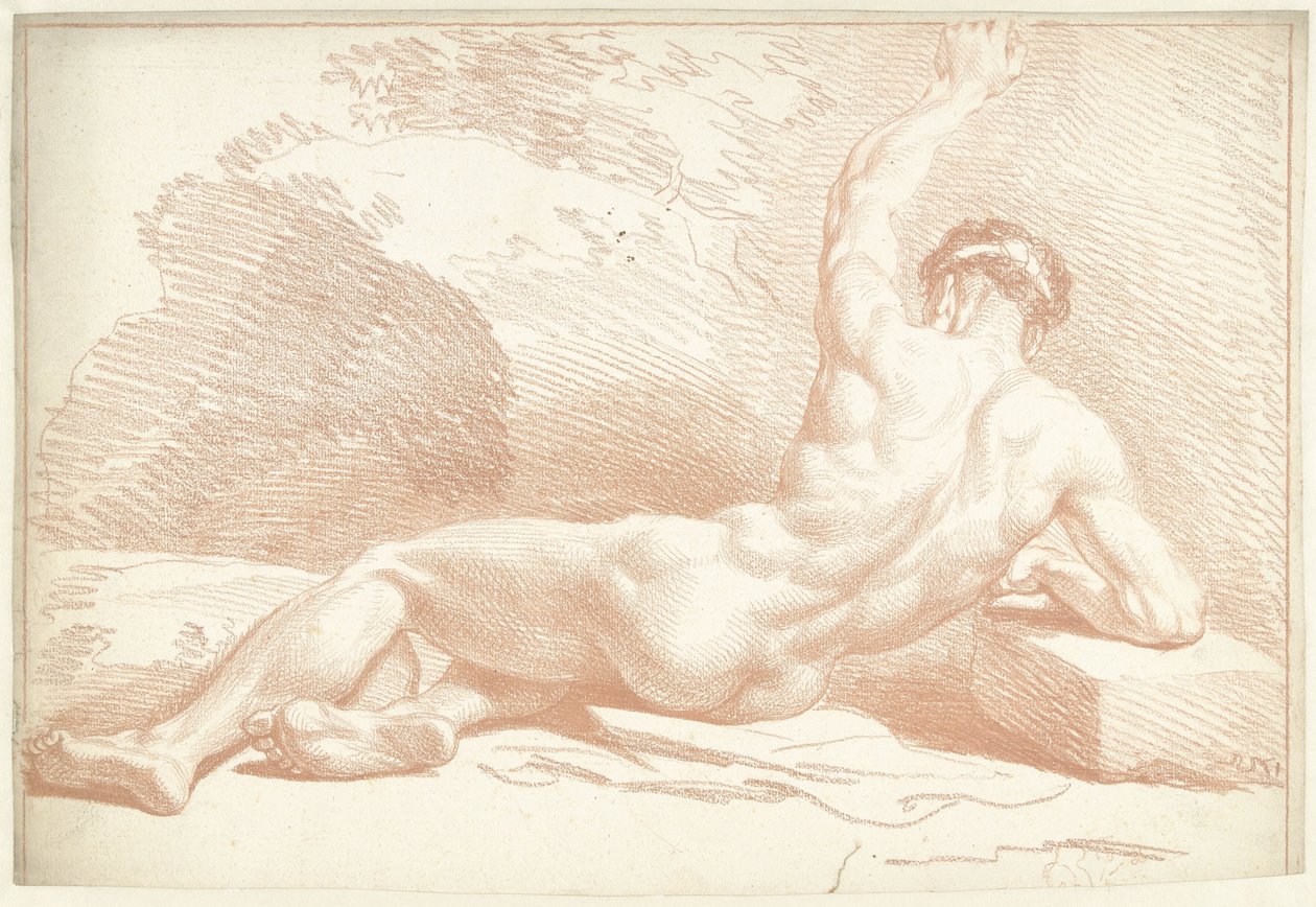 Naken mann, liggende, sett bakfra av Louis Fabritius Dubourg