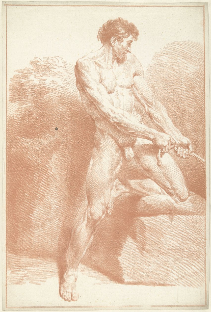 Naken mann, stående, trekke i et tau av Louis Fabritius Dubourg