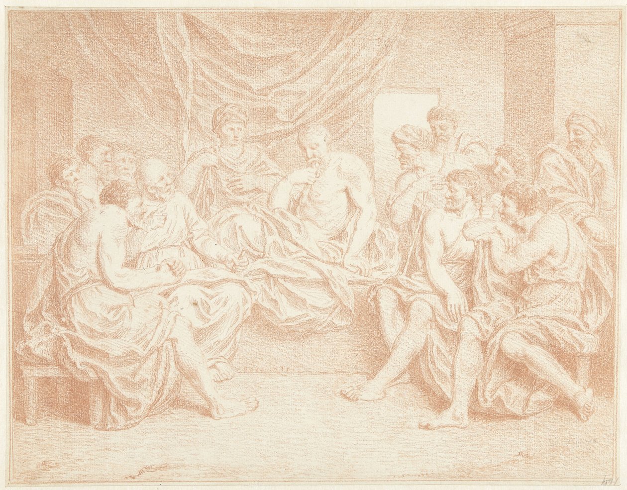 Gammel mann på sengen omgitt av mennesker av Louis Fabritius Dubourg