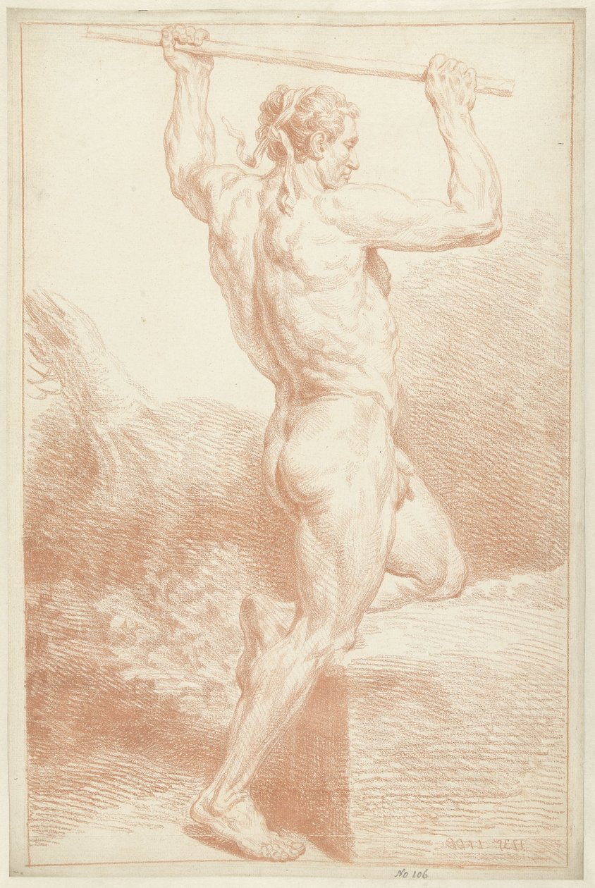 Studie av en naken mann, på ett kne, med en pinne over hodet av Louis Fabritius Dubourg