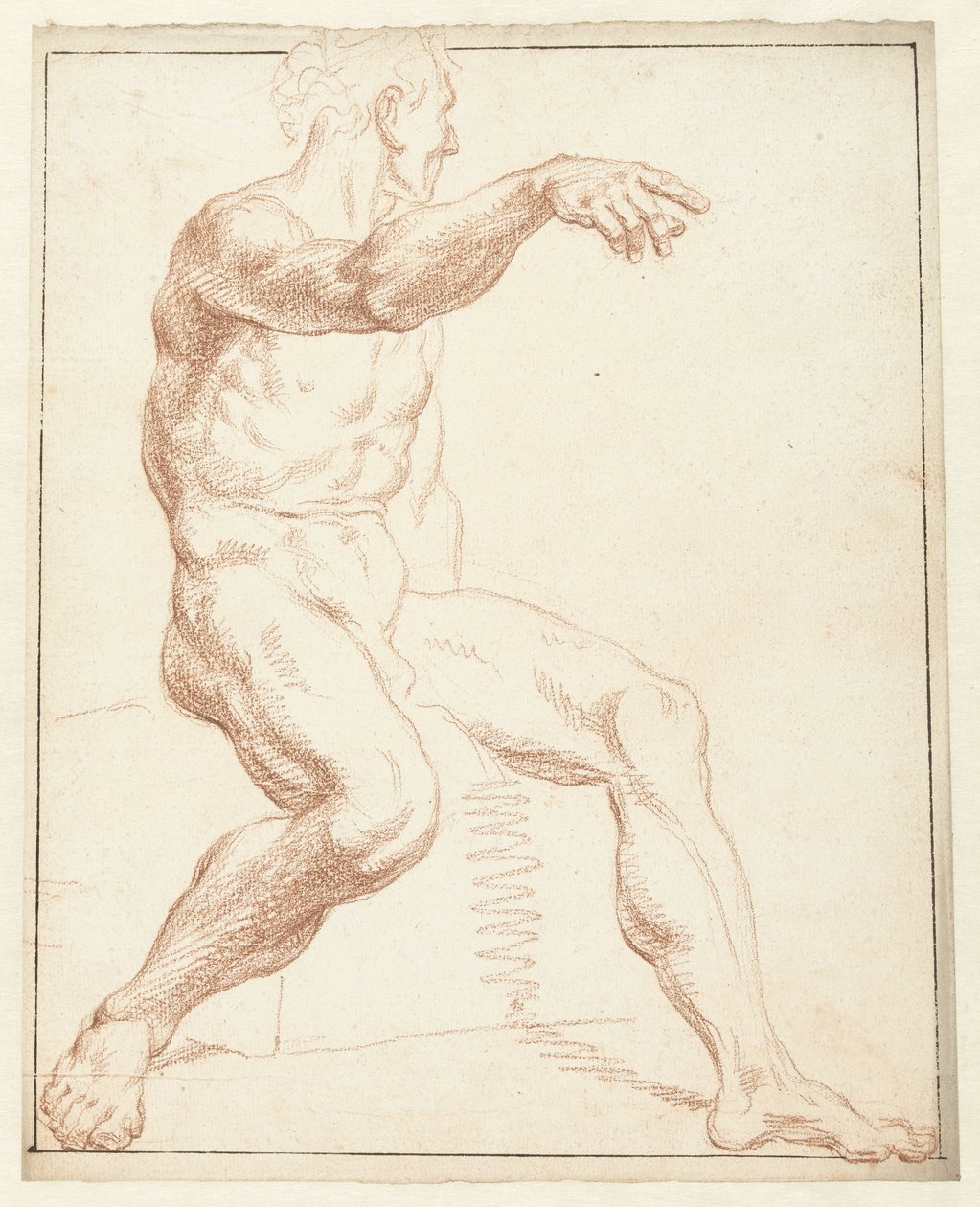 Studie av en sittende mann naken, peker med høyre arm av Louis Fabritius Dubourg