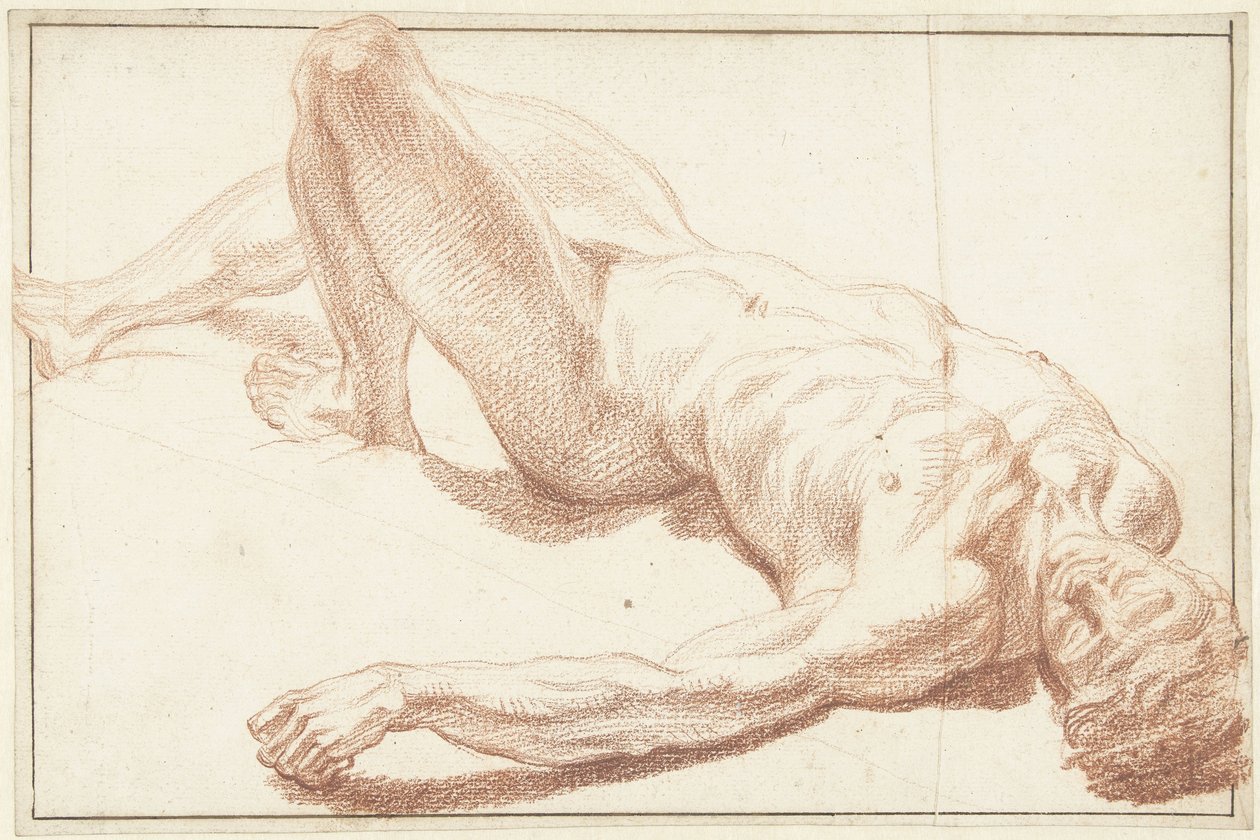 Studie av en naken mann, liggende på ryggen, med rett ben av Louis Fabritius Dubourg