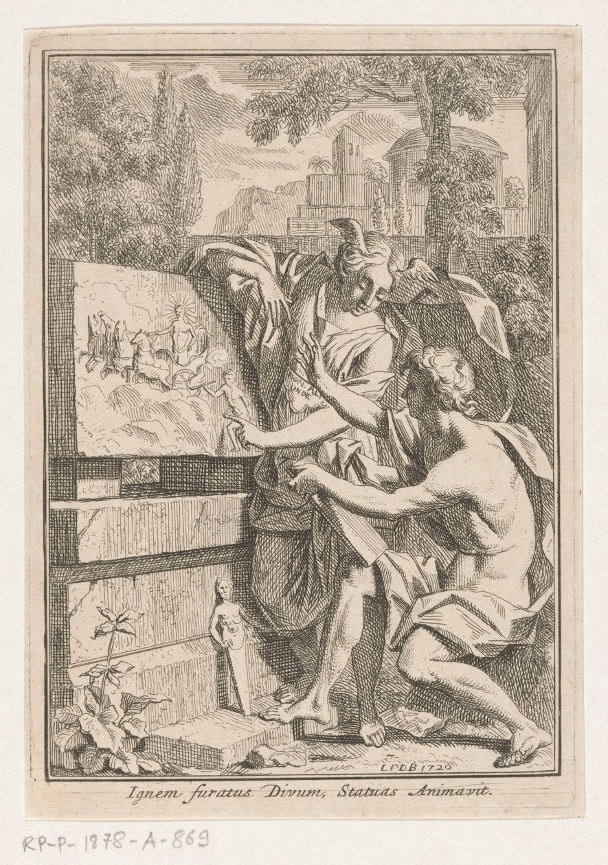 Kvinne med bevinget hode viser basrelieff til ung mann av Louis Fabritius Dubourg