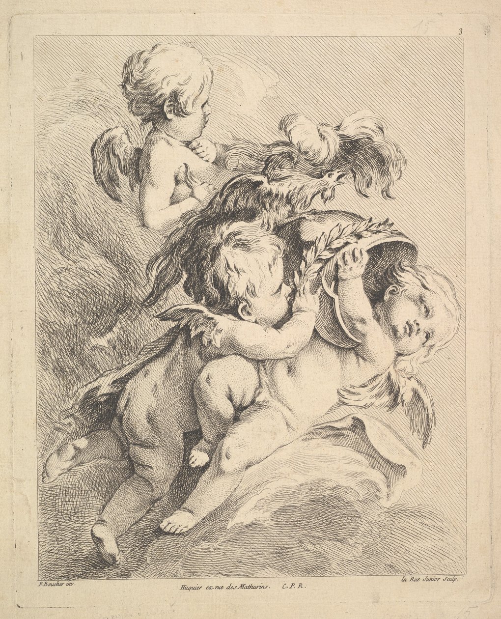 Tre amoriner som holder en hjelm. av Louis Felix de la Rue