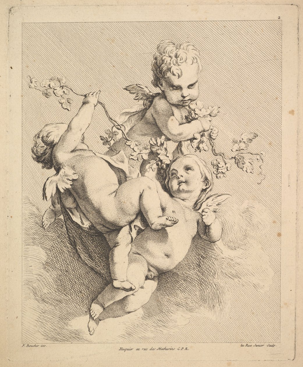 Tre amoriner som leker med vingrener. av Louis Felix de la Rue