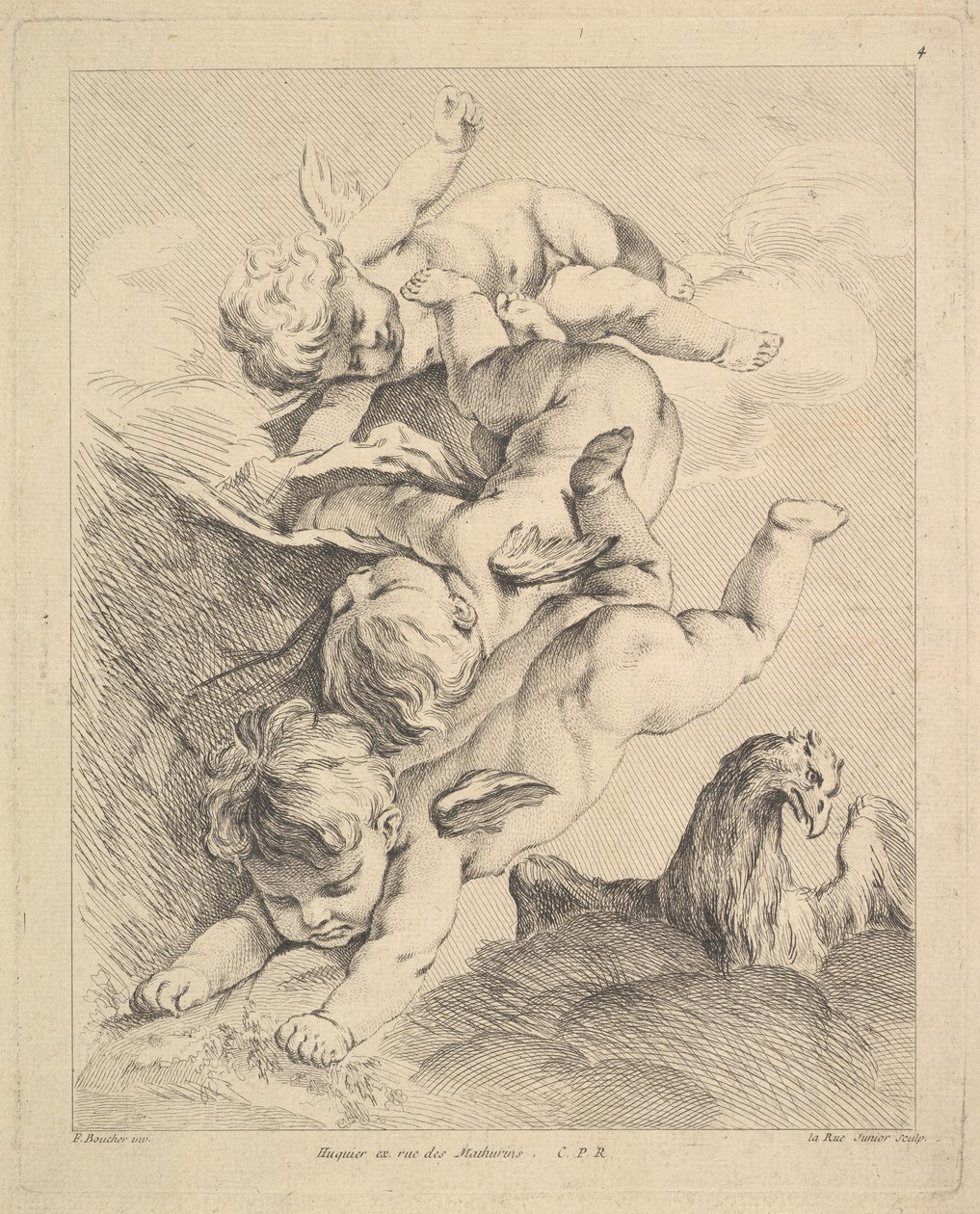 Tre amoriner som snur en salto, en ørn til høyre. av Louis Felix de la Rue