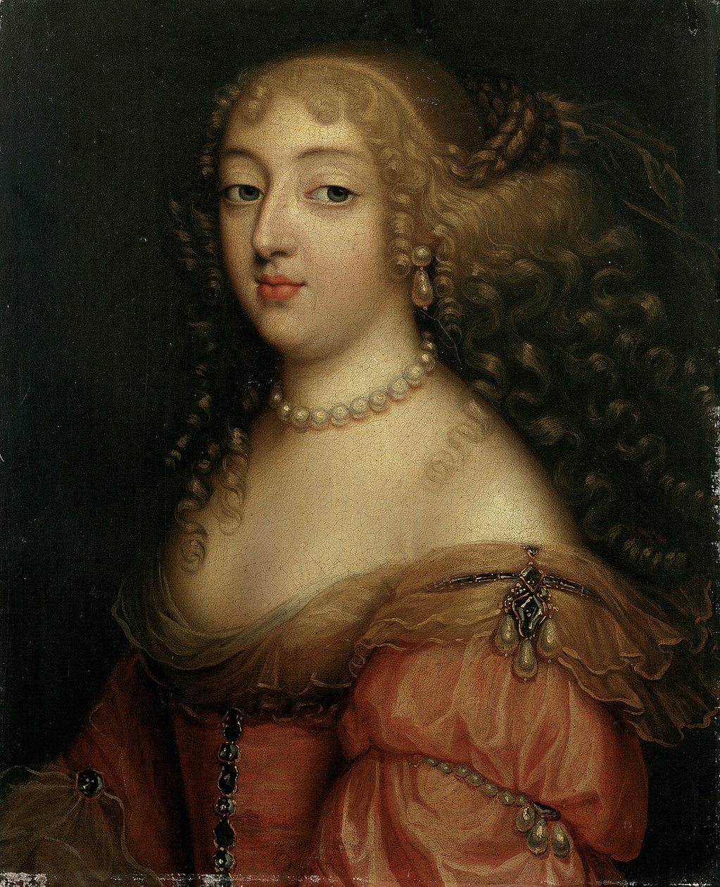 Portrait of a Lady, sies å være Laura Mancini, Duchesse de Mercoeur, bystelengde, i en rød kjole, med perlekjede og øredobber av Louis Ferdinand Elle