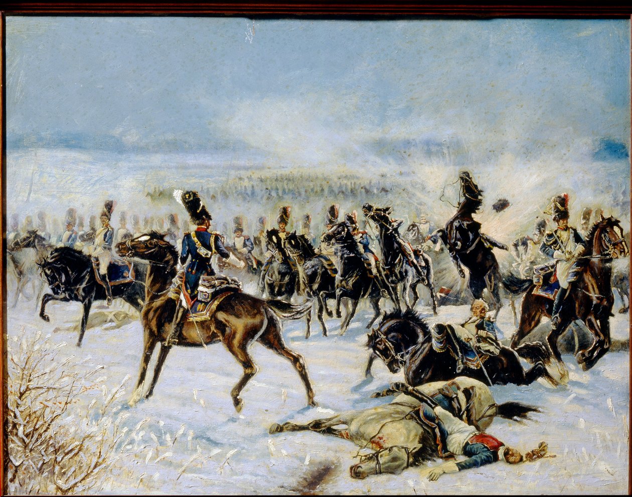 Slaget ved Eylau, 20. februar 1807. (Slaget ved Preussisch Eylau 8. februar 1807). Militær konfrontasjon mellom den franske Grande Armee av Napoleon I (1769-1821) og det russiske imperiet. Verk av Louis Ferdinand Malespina (1874-1940), olje på ca av Louis Ferdinand Malespina