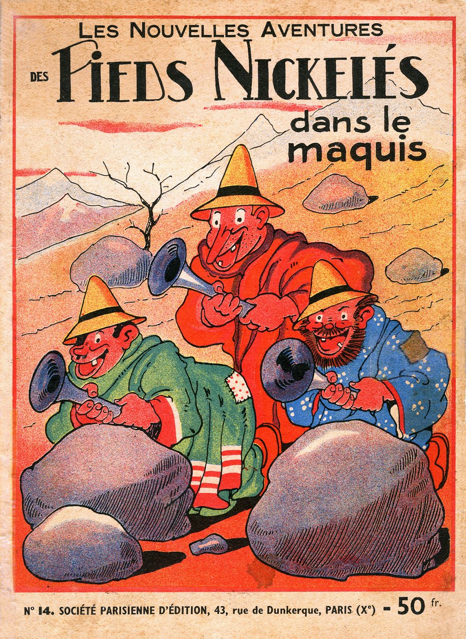 cover av et tegneseriealbum av Louis Forton (1879-1934): Les Pieds Nickeles dans le maquis (1949-utgaven av bind 14 av trioens eventyr). Croquignol, Ribouldingue og Filochard på Korsika. ©Gusman/Leemage av Louis Forton