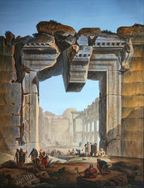 Hovedporten til et tempel som ligger sør for Solens tempel ved Baalbec, ca. 1800 (fargegravering) av Louis Francois (after) Cassas