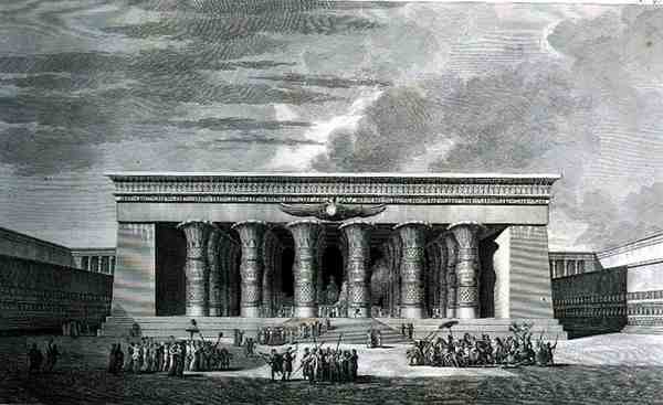 Restaureringen av et stort egyptisk tempel, gravert av Pierre Nicolas Ransonette (1745-1810) fra bind III av 