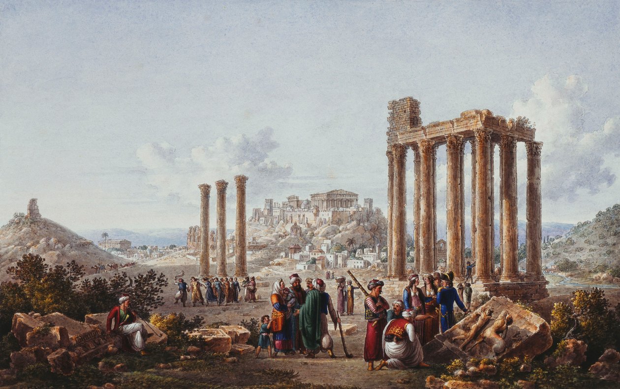 En utsikt over Akropolis, Athen, fra Zeus-tempelet ved Olympia, ca. 1786-87 av Louis Francois Cassas