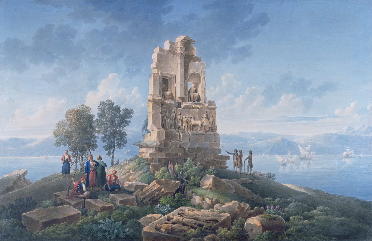 Philopappos grav i Athen, med reisende. 1821 (blekk og akvarell) av Louis Francois Cassas