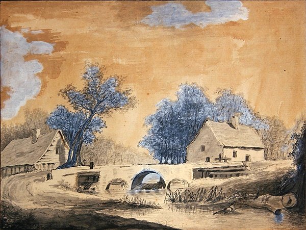 Utsikt over en liten bro nær Amsterdam, sent på 1700-tallet (penn, blekk og vask på papir) av Louis Francois Cassas