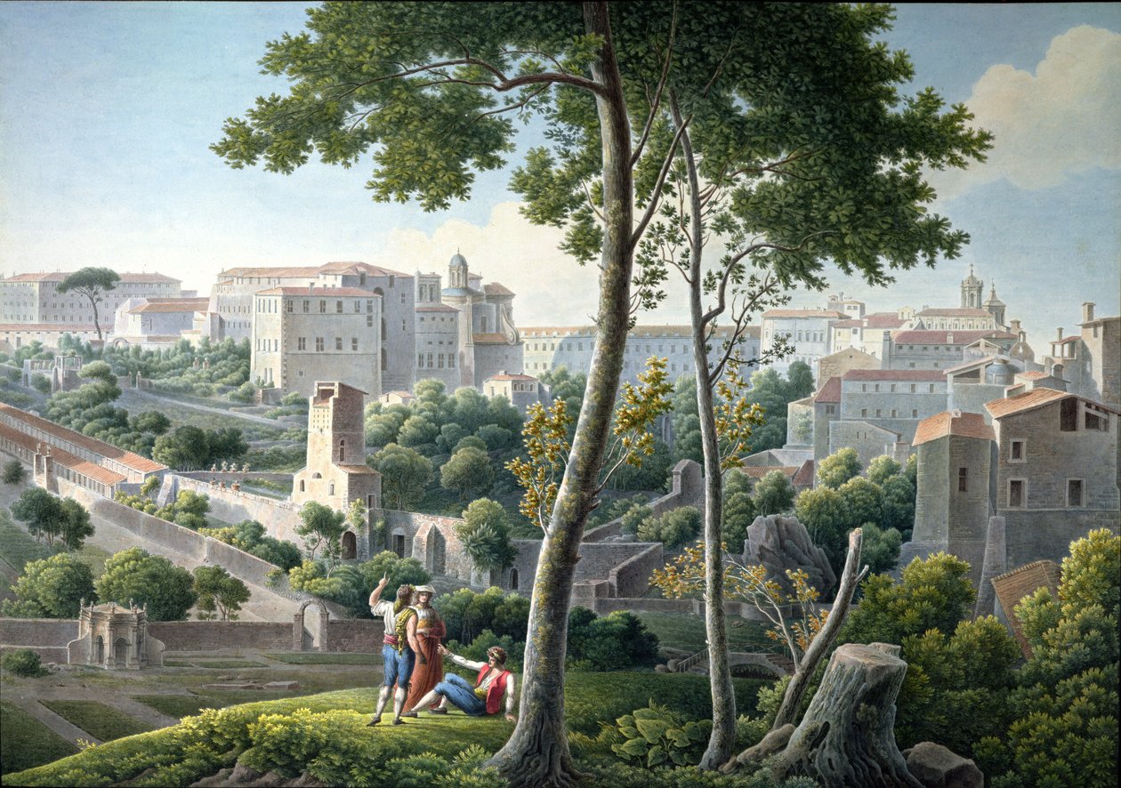 Utsikt over Quirinal Hill i Roma, med Villa Colonna i bakgrunnen, ca. 1800 av Louis Francois Cassas