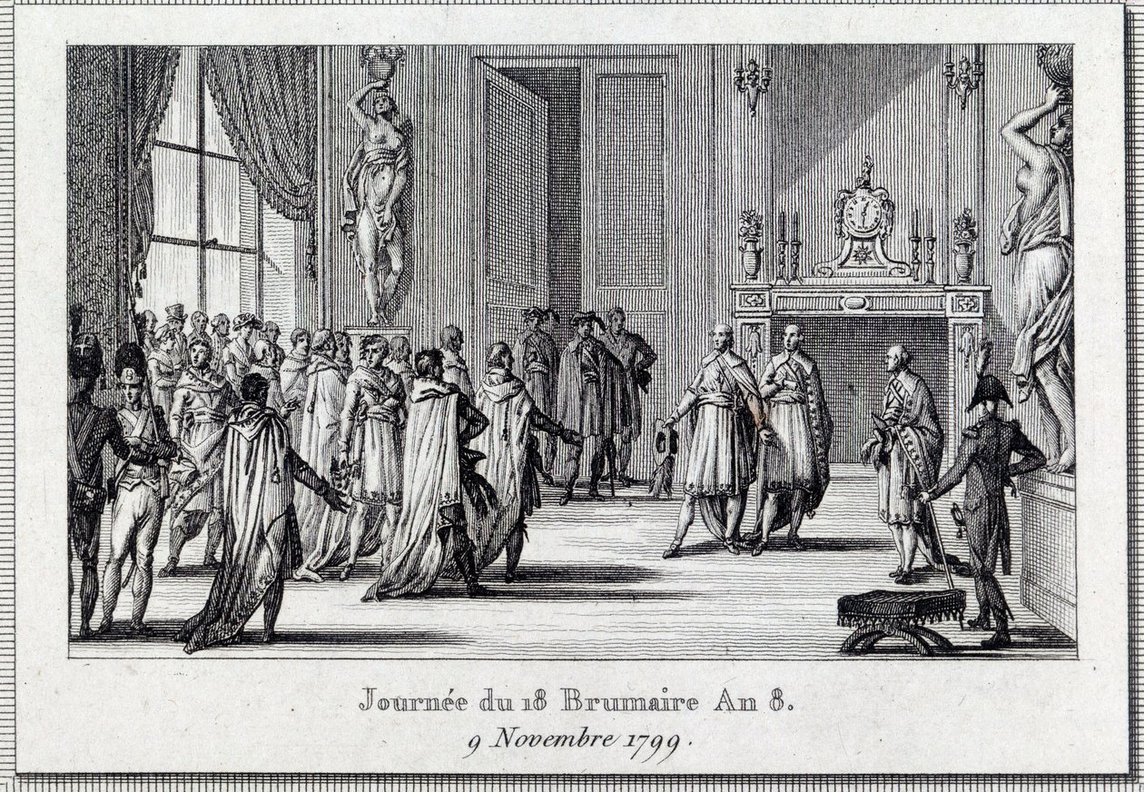 Konsulat: "" Napoleon Bonaparte (1769-1821) på møtet til Saint Cloud på den 18 brumaire (9/11/1799)" Statskuppet av de 18 brumaire av Napoleon Bonaparte ved Council of Five Cents (Five Cents) ) (rom på 500), beskyttet av grenaderer, avslutter D av Louis Francois Couche