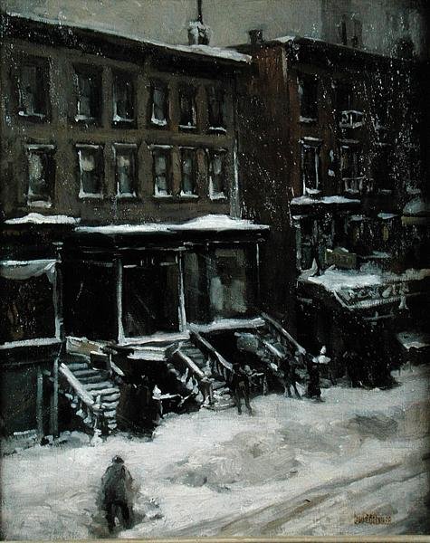 En New York Street Scene (olje på lerret lagt ned på masonitt) av Louis Frederick Berneker